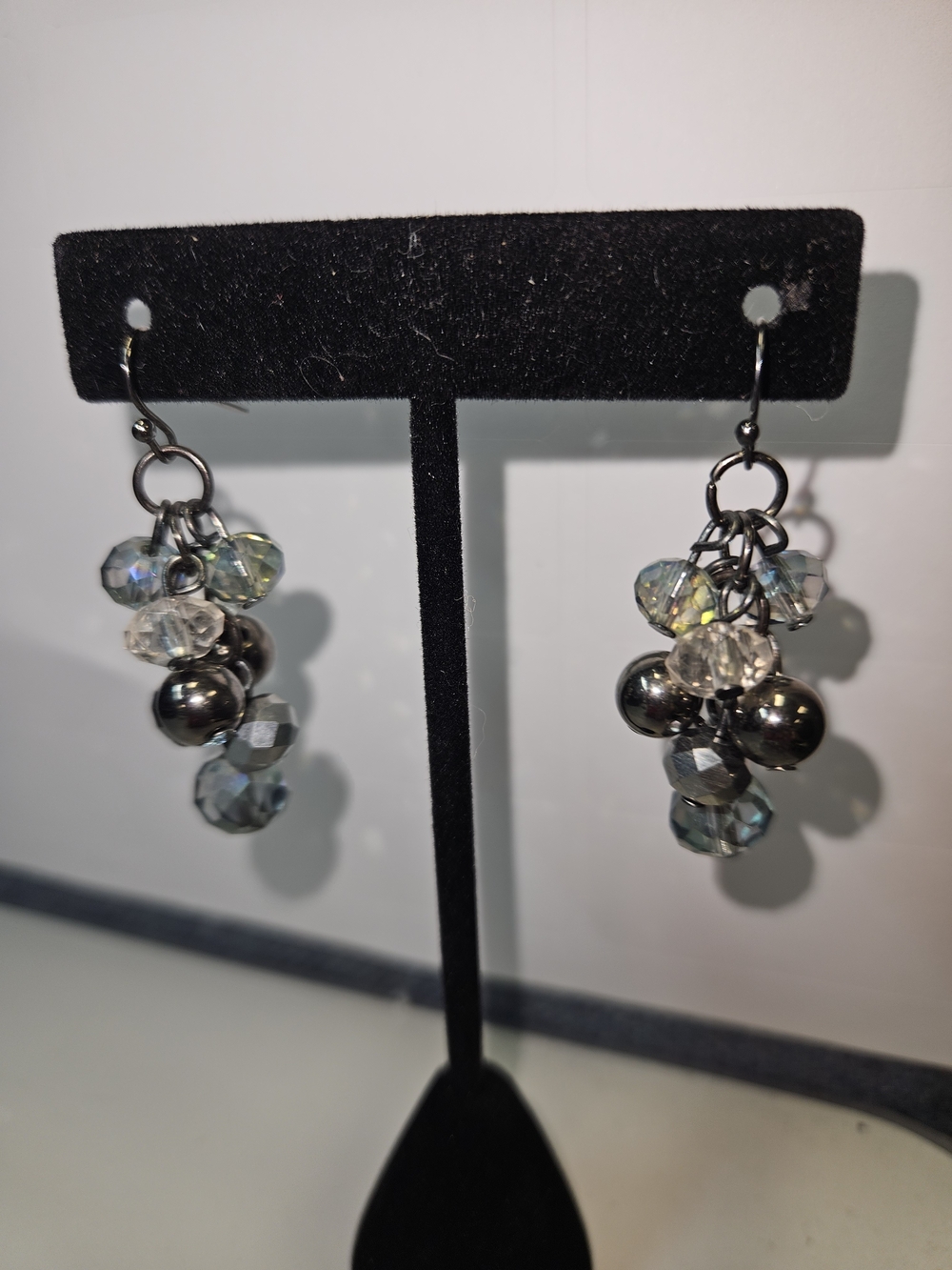 Iridescent Cluster Drop Earrings in Hematite and Crystal - Women Jewelry
